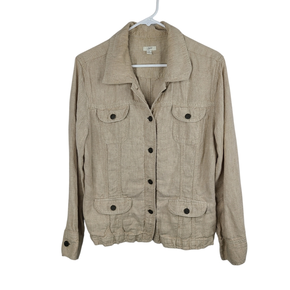 J.Jill 100% Linen Women's Beige Utility Jacket Button Front Pockets Size LP